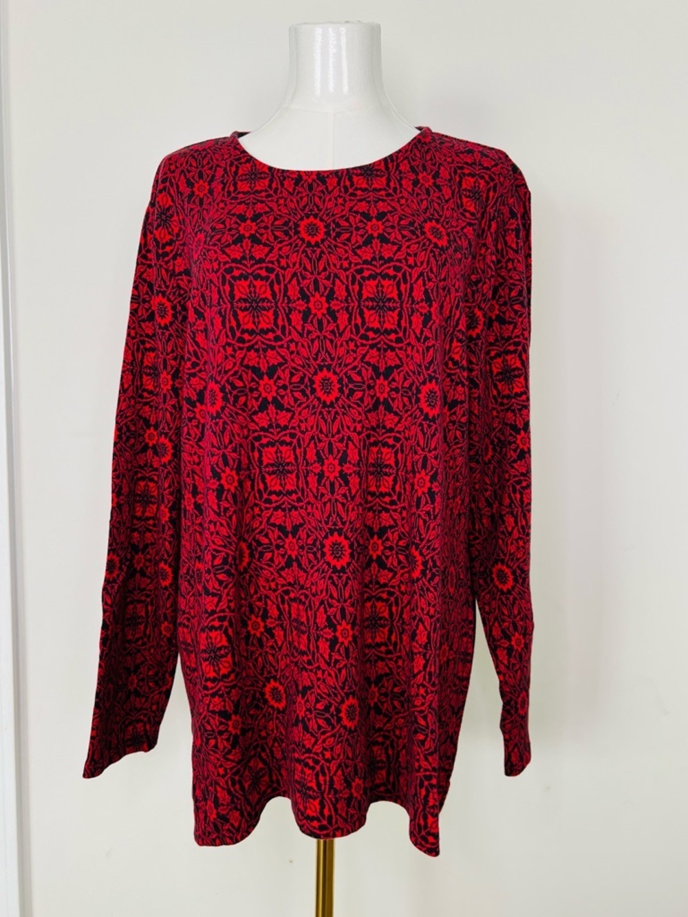 J. Jill Women Pullover Sweater Size XL Red Black Cotton Floral Print Boat Neck